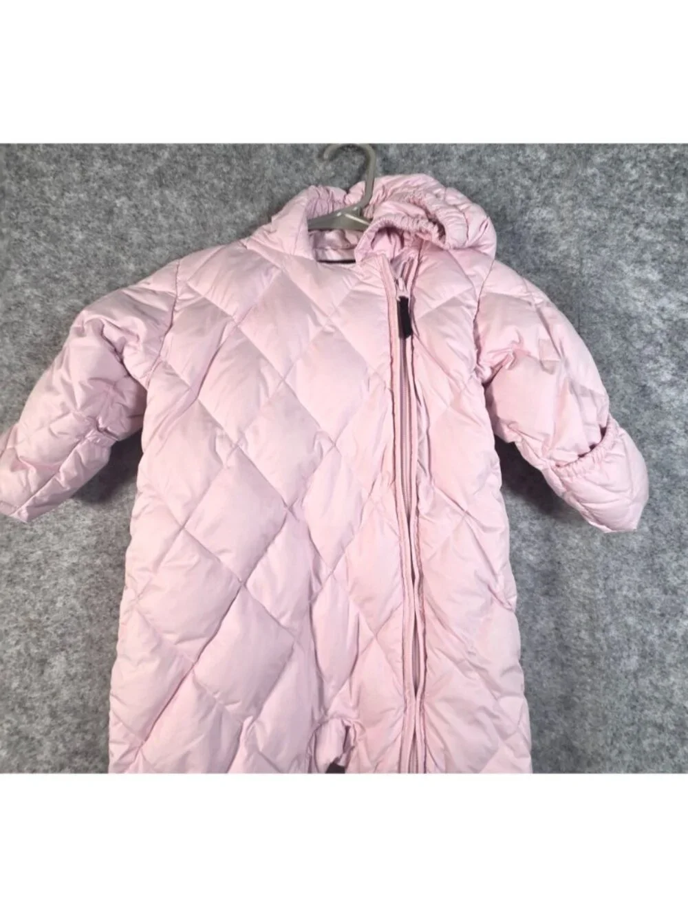 Lands’ End Baby Pink Quilted Hooded Snowsuit Fold Over Mittens Booties 12-18 Mon